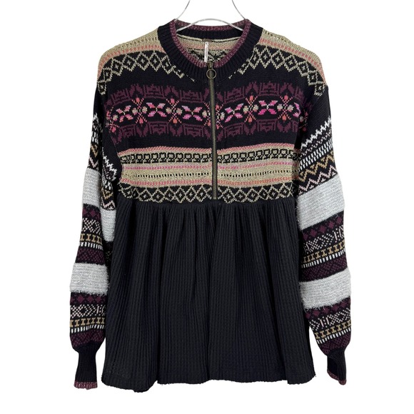 Free‎ People COZY COTTAGE BABYDOLL Knit Sweater Women XS Metallic - Picture 2 of 12